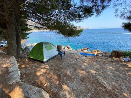 a green and white tent sitting next to the water at Pine Side Camp in Himare