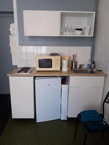 une petite cuisine avec un micro-ondes et un évier dans l'établissement Petit studio vue mer 50m de la plage Malo, à Malo-les-Bains