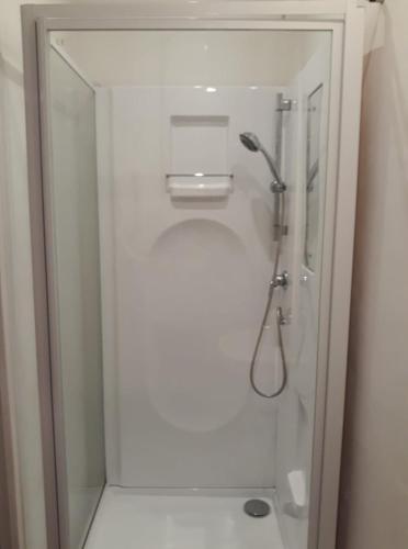 une douche avec une porte vitrée dans une salle de bain dans l'établissement Petit studio vue mer 50m de la plage Malo, à Malo-les-Bains