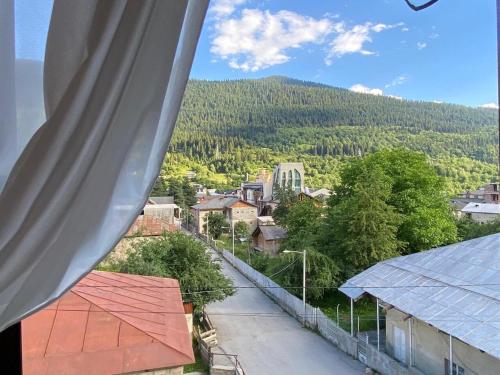 a view from a window of a town with a mountain at Sana Guest House in Mestia