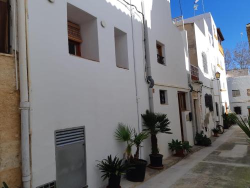 Un edificio blanco con plantas a los lados. en Moderna casa de pueblo en el casco viejo de Jávea, en Jávea
