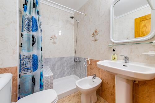 La salle de bains est pourvue d'un lavabo, de toilettes et d'un miroir. dans l'établissement Studio Caballero de Rodas, à Torrevieja