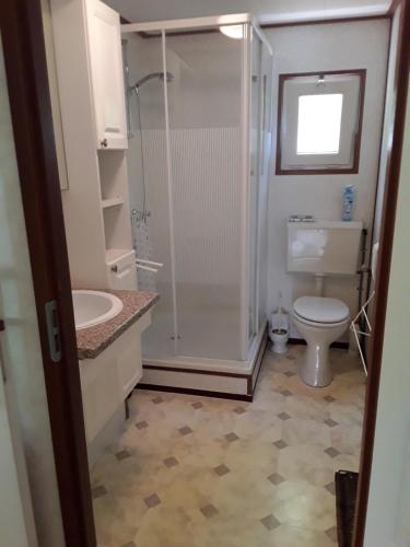 een badkamer met een douche, een toilet en een wastafel bij Marina beach chalet nummer P0 28 in Hoek