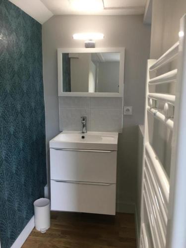 une salle de bain avec un lavabo blanc et un miroir dans l'établissement Les pommiers, à Honfleur
