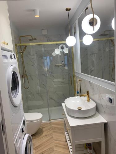 a bathroom with a sink and a toilet and a shower at www-zlotemewy-pl in Sianozety
