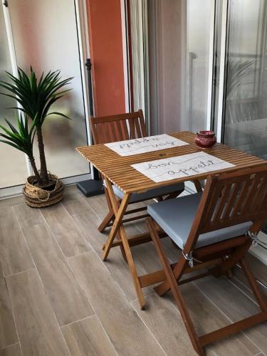 une table en bois avec deux chaises et une plante en pot dans l'établissement Côte d'Azur joli studio 50m plage, climatisation , parking., à Villeneuve-Loubet