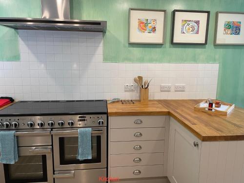 a kitchen with a stove and a counter top at Luxury Loch Tay Lodge in Aberfeldy