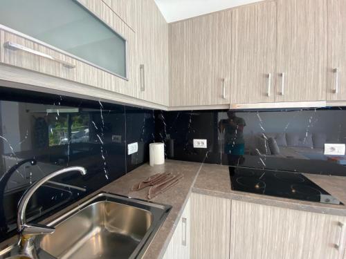 卡萨米尔SEA VIEW Deluxe Private Villa的带水槽和柜台的厨房