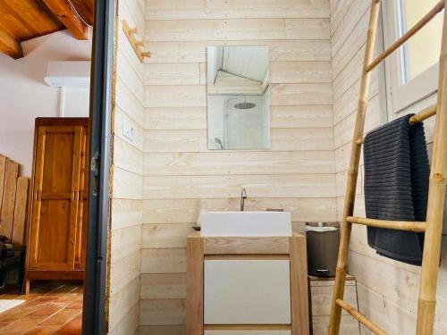 La salle de bains est pourvue d'un lavabo dans un mur en bois. dans l'établissement Studio île de la Barthelasse à deux pas du centre, à Avignon
