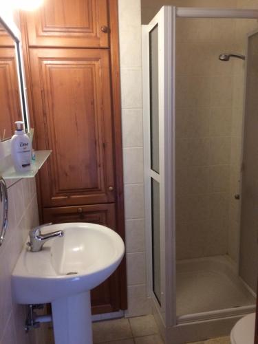 La salle de bains est pourvue d'un lavabo et d'une douche. dans l'établissement AYIOS NICOLAOS RIVER PARK, à Pera Pedi