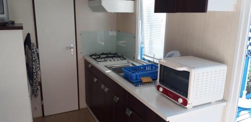 Il comprend une cuisine équipée d'une cuisinière et d'un four micro-ondes. dans l'établissement Mobil Home Lacanau Océan, à Lacanau