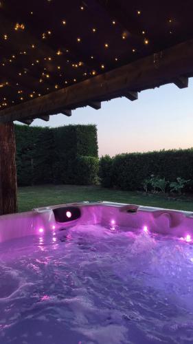 d'un bain à remous avec éclairage violet sous une pergola. dans l'établissement Au Do'Mayne des Bouilles - Spa & Piscine, à Lussac