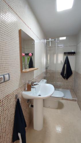 y baño con lavabo, aseo y espejo. en Apartamento Residencial Colinas del Golf, Envía, Almería, en La Envía