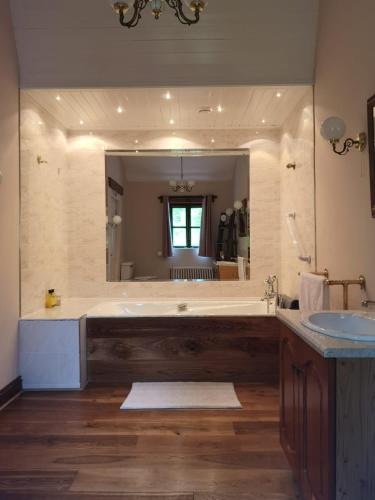 a large bathroom with a large tub and a large mirror at Catstone Lodge in Ballymore