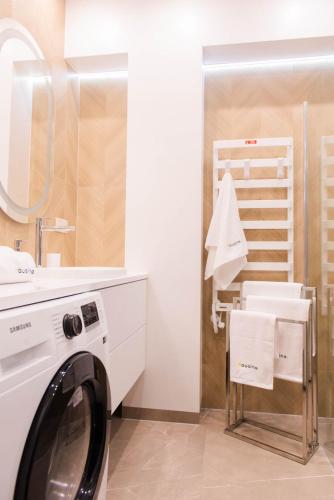 a bathroom with a washing machine and a sink at Forest 47 by Housine in Zator