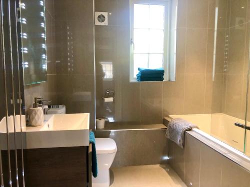 ein Bad mit einem Waschbecken, einem WC und einer Dusche in der Unterkunft Quarry House in Stamford