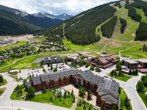 an aerial view of a resort with mountains in the background at Cs302 Copper Springs Condo in Copper Mountain