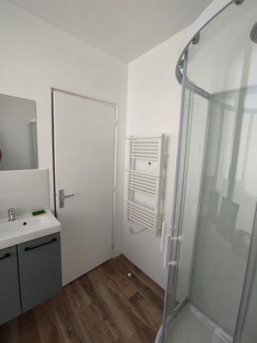 bagno con doccia e lavandino di The Gast-House Duo a Isigny-sur-Mer