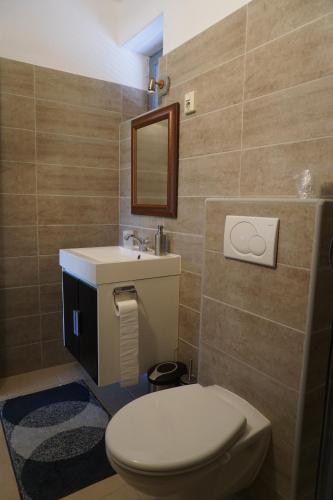 łazienka z toaletą i umywalką w obiekcie Holidays Hongarije w mieście Igal