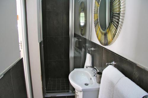 La salle de bains est pourvue d'un lavabo et d'un miroir. dans l'établissement Lazy Days Apartments - Cape Town, au Cap