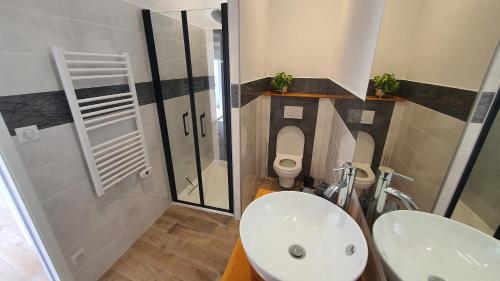 a bathroom with a toilet and a sink and a shower at La Parent'aise in Parentis-en-Born