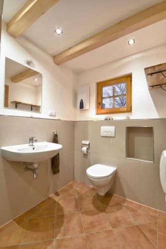 a bathroom with a toilet and a sink at Domki Pod Dębem in Błądzonka