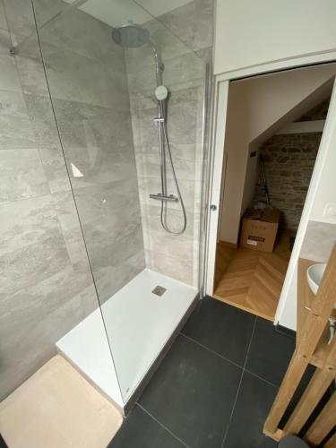 une douche avec une porte vitrée dans une salle de bain dans l'établissement Studio centre ville, à Dol-de-Bretagne