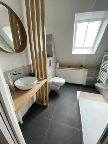 a bathroom with a sink and a toilet and a window at Studio centre ville in Dol-de-Bretagne