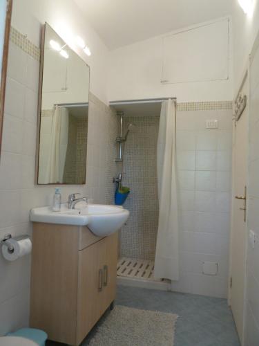 a bathroom with a sink and a shower with a mirror at Cottage LeDune profumi mediterranei vicino al mare in Torre Rinalda