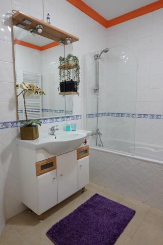 Un baño con lavabo y ducha con espejo. en Amazing Lodge by the Ocean - Fully equipped!, en Ericeira
