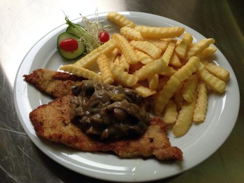 a white plate of food with french fries and meat at Hotel & Restaurant Druidenstein in Trautenstein