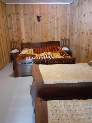 three beds in a room with wooden walls at Hotel Family Bachi in Adishi