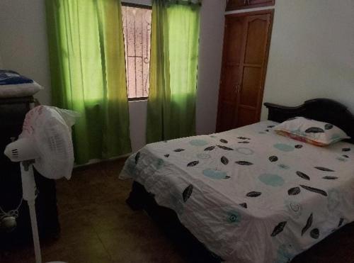 a bedroom with a bed and a window with green curtains at Casa de descanso in Mariquita