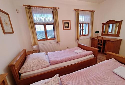 a bedroom with two beds and two windows at Penzion Kovárna in Bukvice