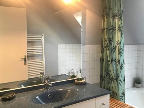 une salle de bain avec un lavabo et un rideau de douche dans l'établissement Maison de charme avec jardin, terrasse et WIFI à 600m de la mer - Trégastel - FR-1-368-360, à Trégastel