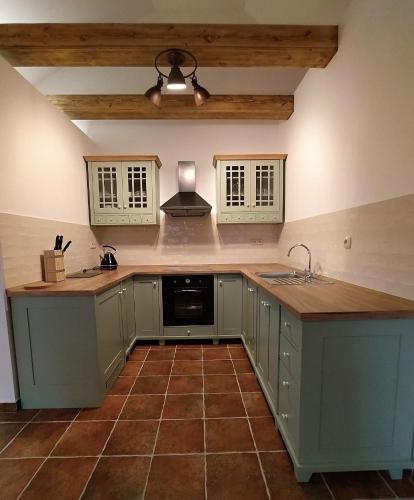a large kitchen with green cabinets and a sink at Penzion Kovárna in Bukvice