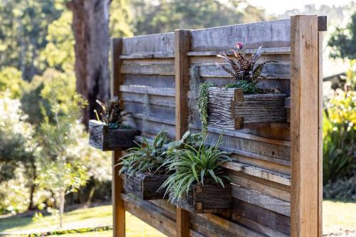 a wooden fence with potted plants on it at Pool House Bellingen in Fernmount