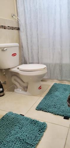a bathroom with a toilet and two blue rugs at Hillside Sunrise, 2 Bed 2 Bath in Gated Community, close to beach, food, clubs & shopping Free Parking, Free Wi-Fi in Montego Bay