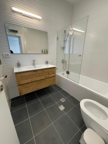 a bathroom with a sink and a toilet at #דירת יוקרה על הים Sunset Beach Apartment# in Giv‘at Olga