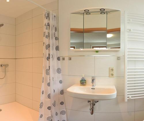ein weißes Badezimmer mit einem Waschbecken und einem Spiegel in der Unterkunft Pferdeparadies Wallengrün in Wallengrün