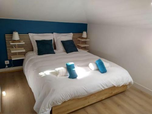 Elle comprend un grand lit avec des oreillers bleus et blancs. dans l'établissement Appart lumineux historique de Bayonne Saint-Esprit, à Bayonne
