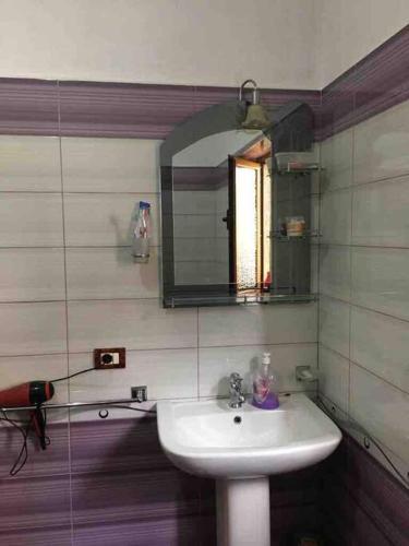 a bathroom with a sink and a mirror at Vila Du Lac Blue in Pogradec