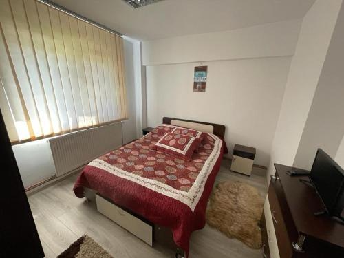 a small bedroom with a bed and a window at Apartament Mioritza 2B in Horezu