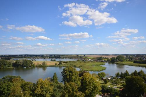 an aerial view of a river with trees and houses at Müritz-Strandhotel in Röbel