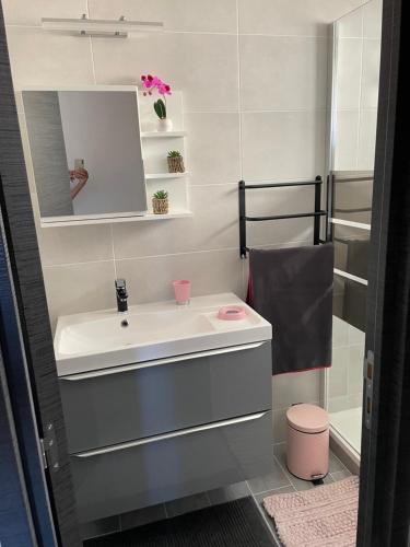 une salle de bain avec un lavabo et un miroir dans l'établissement Spacious Marina & See view appartment, à Cavalaire-sur-Mer