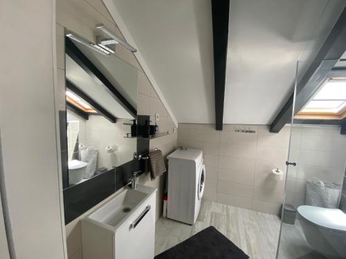 a bathroom with a sink and a toilet and a mirror at Apartmani Grebastica in Grebaštica