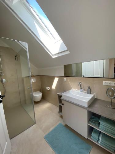 a bathroom with a sink and a toilet and a skylight at Gut Schwarz-n Hof Ferienwohnungen in Bad Griesbach