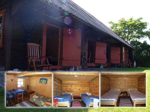 una casa con 4 camas y una habitación con porche en Kusti Turismitalu, en Vilsandi