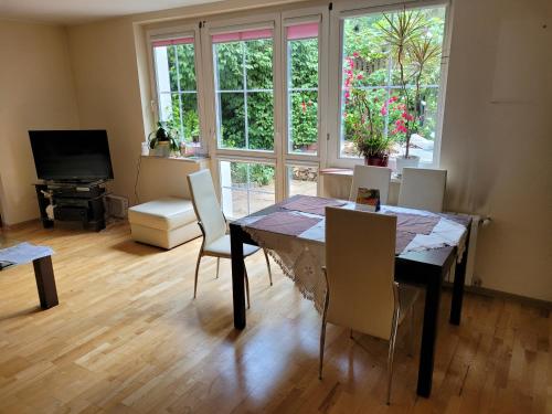 uma sala de jantar com uma mesa e cadeiras e uma televisão em Duńska house em Kielce