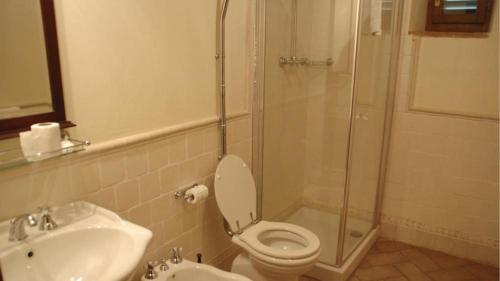 a bathroom with a shower and a toilet and a sink at MAGNOLIA e CAMELIA in Vicchio